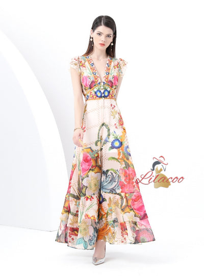 V-neck Slim Breasted Printed Slit Dress