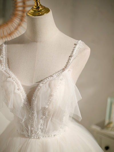 White Tulle Straps Pearls Homecoming Dress