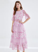 Lotus Leaf Cake Chiffon Floral Dress