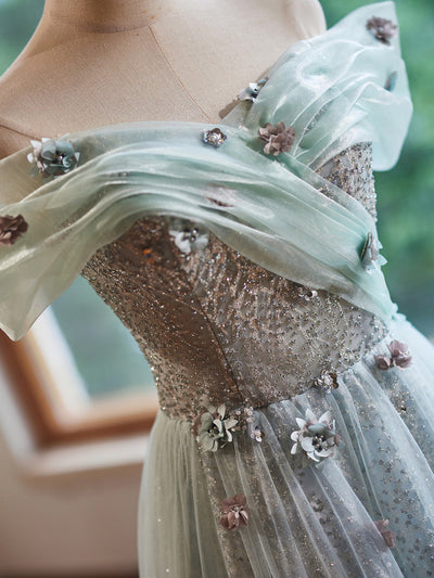 Green Tulle Sequins Off the Shoulder Flower Prom Dress
