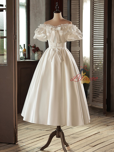 White Satin Lace Puff Sleeve Bow Wedding Dress
