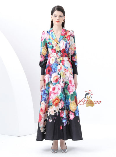 Long Sleeve V-neck Printed Dress