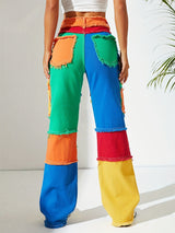 Colorful Stitching High Waist Loose Straight Jeans