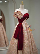 Champagne 3D Flower Velvet Pleats Prom Dress