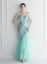 Mermaid Sequins Tulle Spaghetti Straps Beading Prom Dress