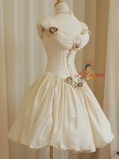 Champagne Off the Shoulder Flower Short Dress