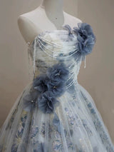 Blue Tulle Flower Strapless 3D Flower Prom Dress