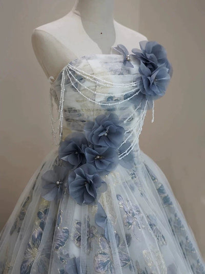 Blue Tulle Flower Strapless 3D Flower Prom Dress