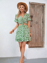 Printed Strap Short Sleeve Beach Resort Dress