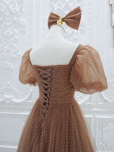 Brown Tulle Wave Point Pleats Prom Dress