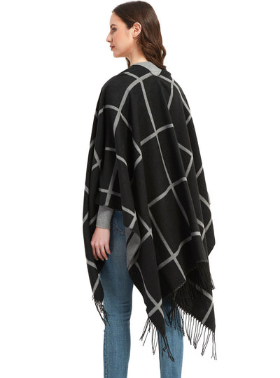 Black Double-sided Plaid Split Shawl