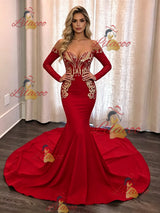 Red Off the Shoulder Long Sleeve Prom Dress