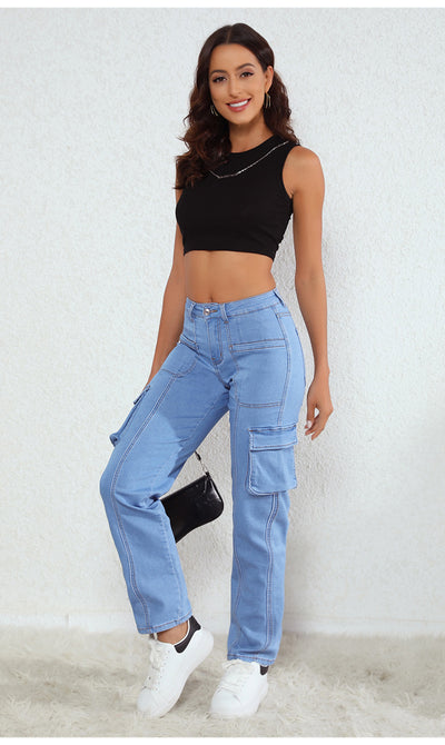 Straight Loose Pockets High Waist Jeans