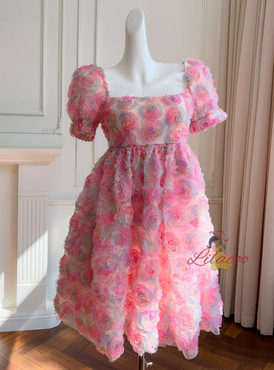 Three-dimensional Fower Bubble Sleeve Dress