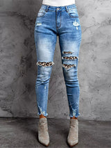 Leopard-print Holes and Raw Edges Tassels Jeans