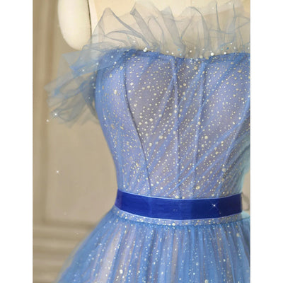 Blue Tulle Sequins Prom Dress