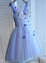 Blue Tulle V-Neck Flower Homecoming Dress