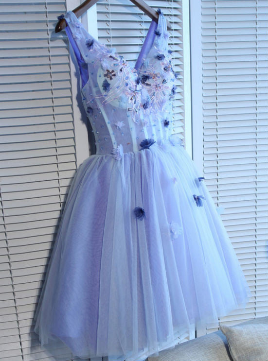 Blue Tulle V-Neck Flower Homecoming Dress