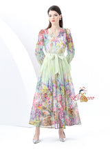 Bow Printed Chiffon Shirt+Skirt Suit