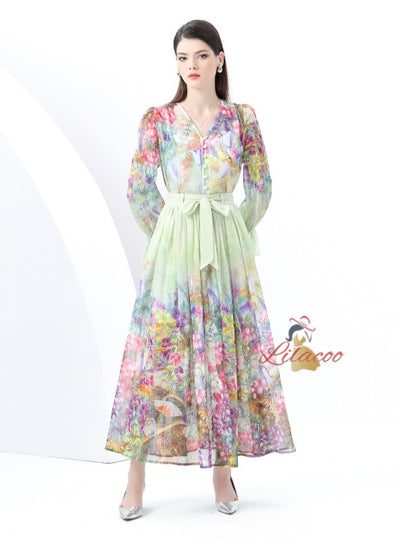 Bow Printed Chiffon Shirt+Skirt Suit