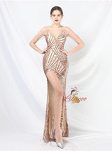 Spaghetti Straps Sequins Split Prom Dress