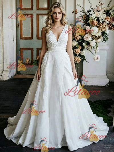 White Satin V-neck Pleats Wedding Dress