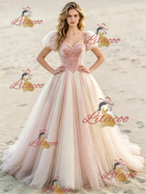Pink Tulle Puff Sleeve Wedding Dress