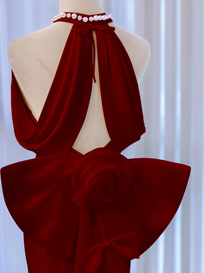 Burgundy Mermaid Halter Bow Prom Dress