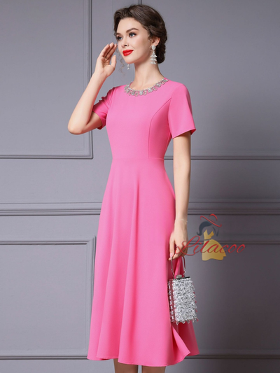 Pink Short Sleeve Beading Mother Of The Bride Dress