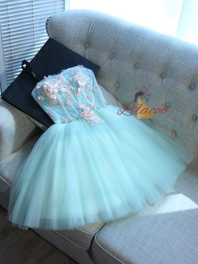 Blue Tulle Straps Appliques Homecoming Dress