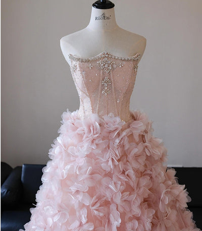 Pink Tulle 3D Flower Beading Quinceanera Dress