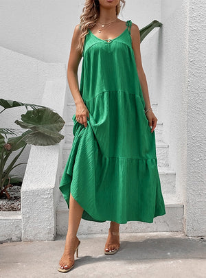 Solid Color Sleeveless Suspender Long Dress