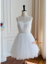 White Tulle Spaghetti Straps Pleats Prom Dress