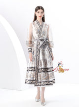 V-neck Lantern Sleeve Long Retro Print Dress
