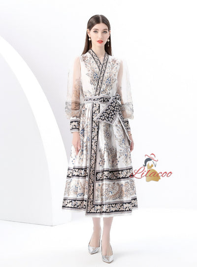 V-neck Lantern Sleeve Long Retro Print Dress