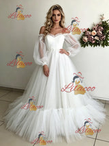 White Tulle Long Sleeve Wedding Dress