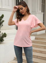 Hollow V-neck Lotus Leaf Sleeve T-shirt