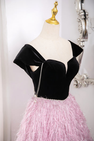 Pink Tassel Black Velvet Beading Prom Dress