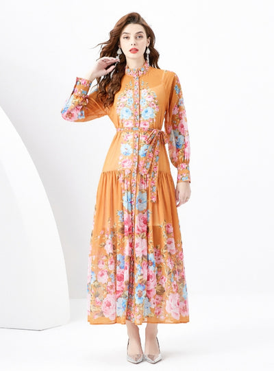 Lantern Long Sleeve Slim Printed Dress