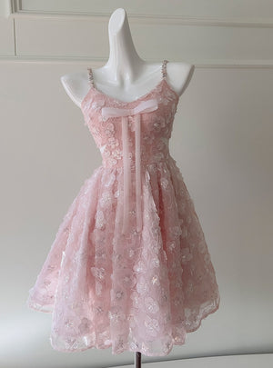 Pink Straps Flower Beading Prom Dress