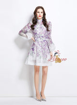 Double-breasted Lantern Sleeve Printed Dress