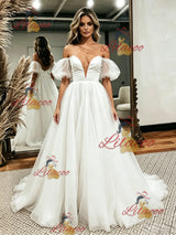White Tulle Off the Shoulder Puff Sleeve Wedding Dress