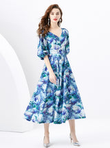 Palace Bubble Sleeve Print Long Dress