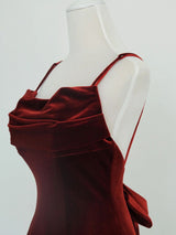 Burgundy Velvet Straps Backless Prom Dress