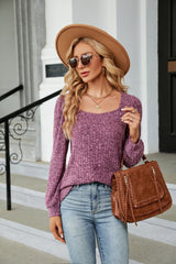 Solid Color Square Neck Loose Long Sleeve T-shirt