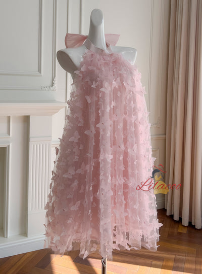 Pink Tulle 3D Flower Halter Short Prom Dress