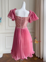 Rose Red Bubble Sleeve Sequins Dress