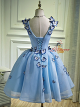 Blue V-neck Butterfly Homecoming Dress