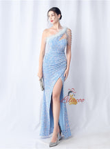 One Shoulder Sequins Split Prom Dress