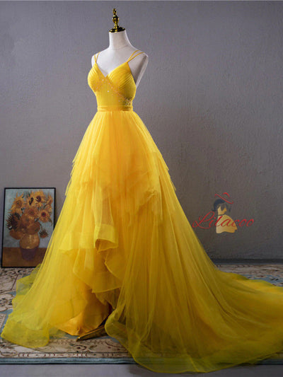 Yellow Tulle Spaghetti Straps Pleats Prom Dress